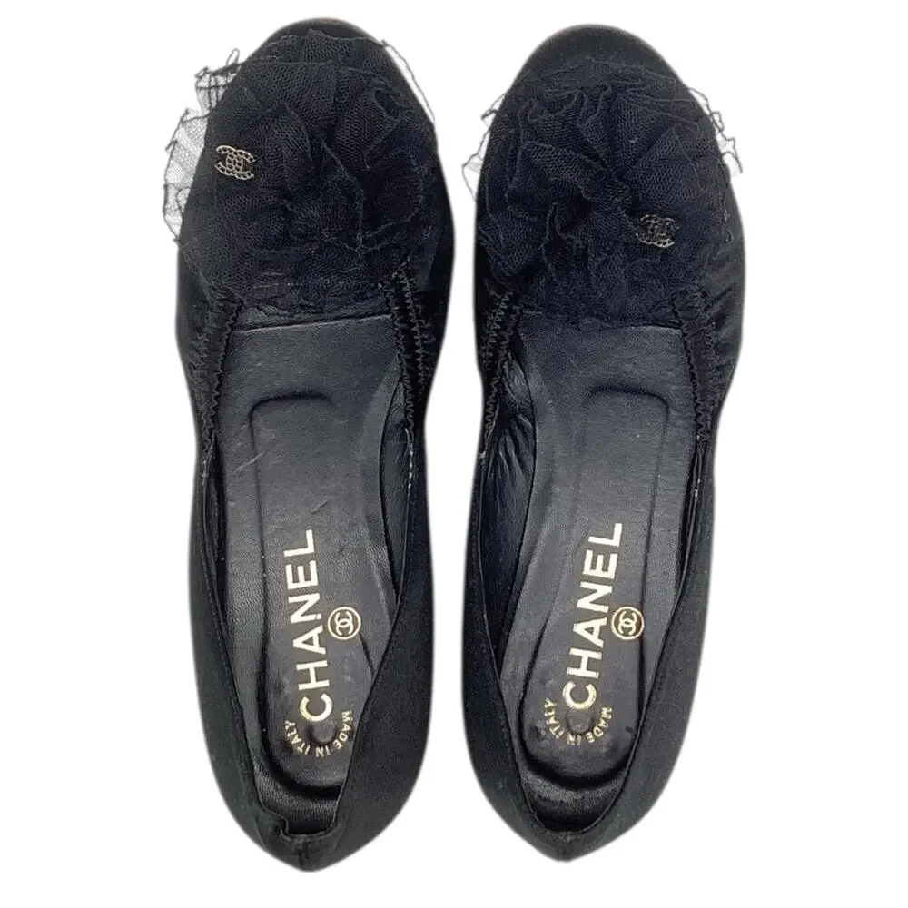Chanel VTG Women’s Ballet Flats Size EU 39 Black Satin with Mesh Flowers